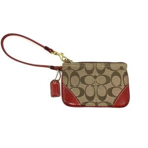 Coach Signature Monogram Clutch Brown/Dark Red leather small Wristlet